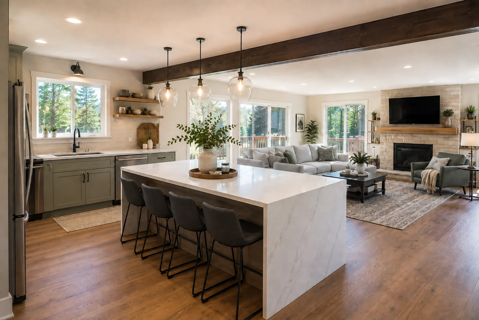 Open-concept ranch kitchen remodel in Kent with an island where a load-bearing wall was removed