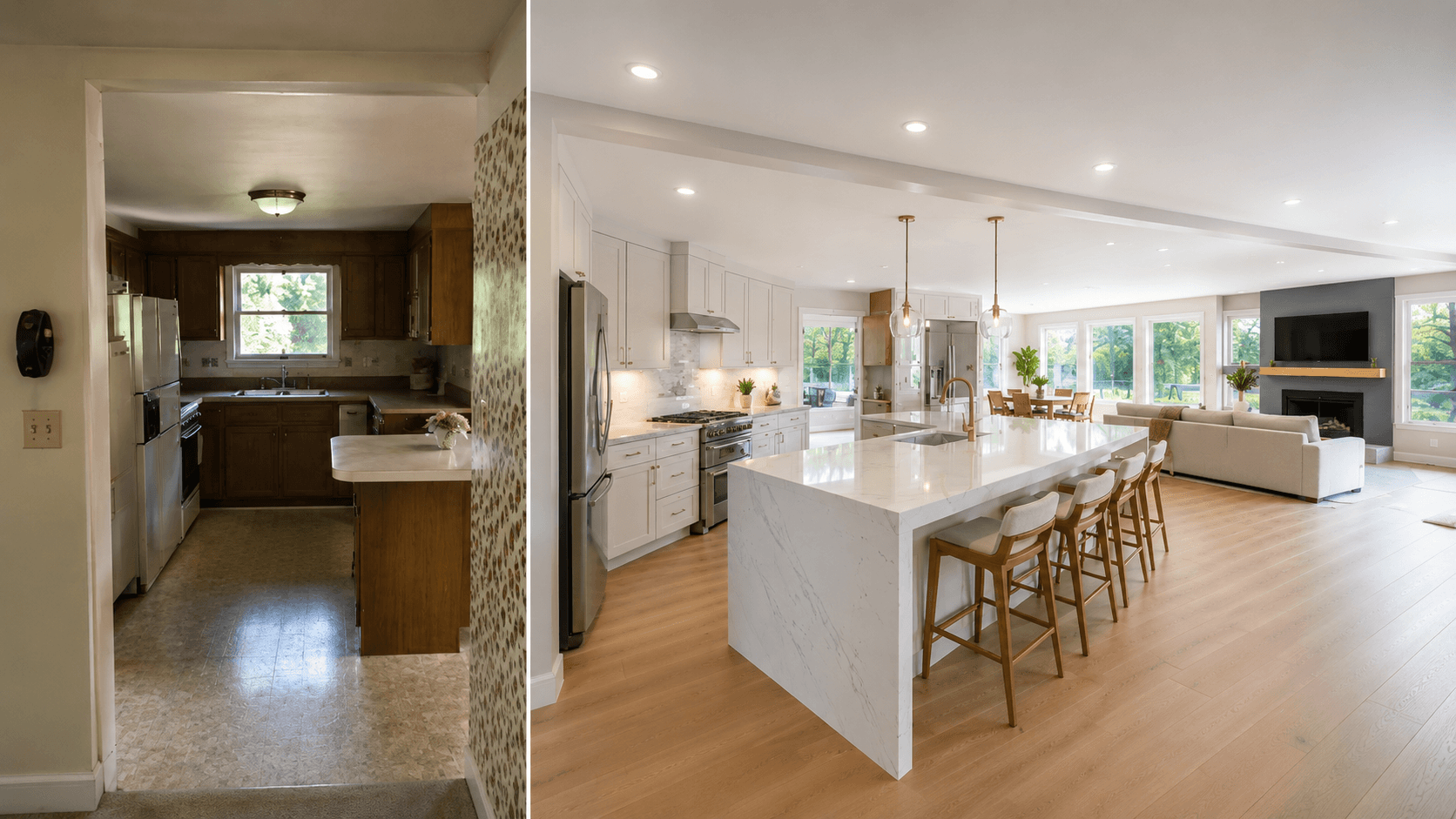 Open-concept ranch kitchen in Kent with an island where a load-bearing wall was removed