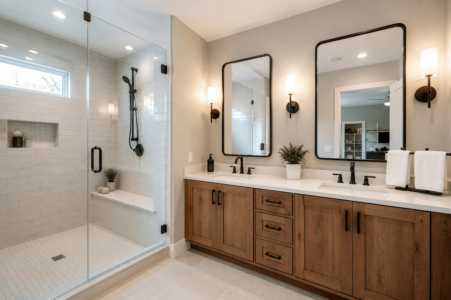 Remodeled bathroom with a glass walk-in shower, white subway tile, and a double oak vanity with quartz top and black fixtures