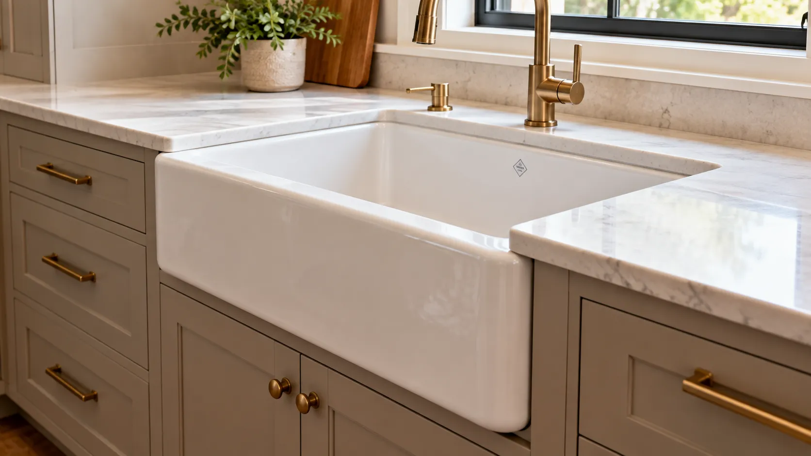 White fireclay apron-front sink set into a marble countertop, its exposed front panel replacing the cabinet face below, with a brass faucet alongside