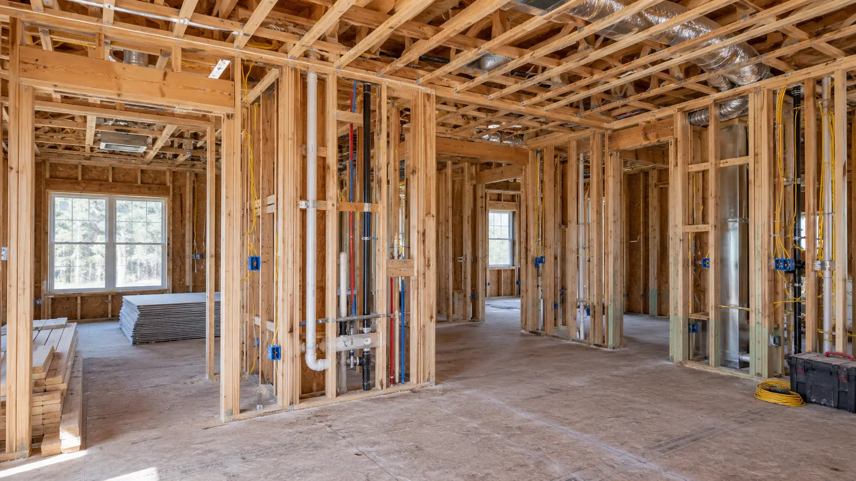House stripped to studs during a whole-home renovation, with new wiring, plumbing runs and ductwork visible through open wall cavities