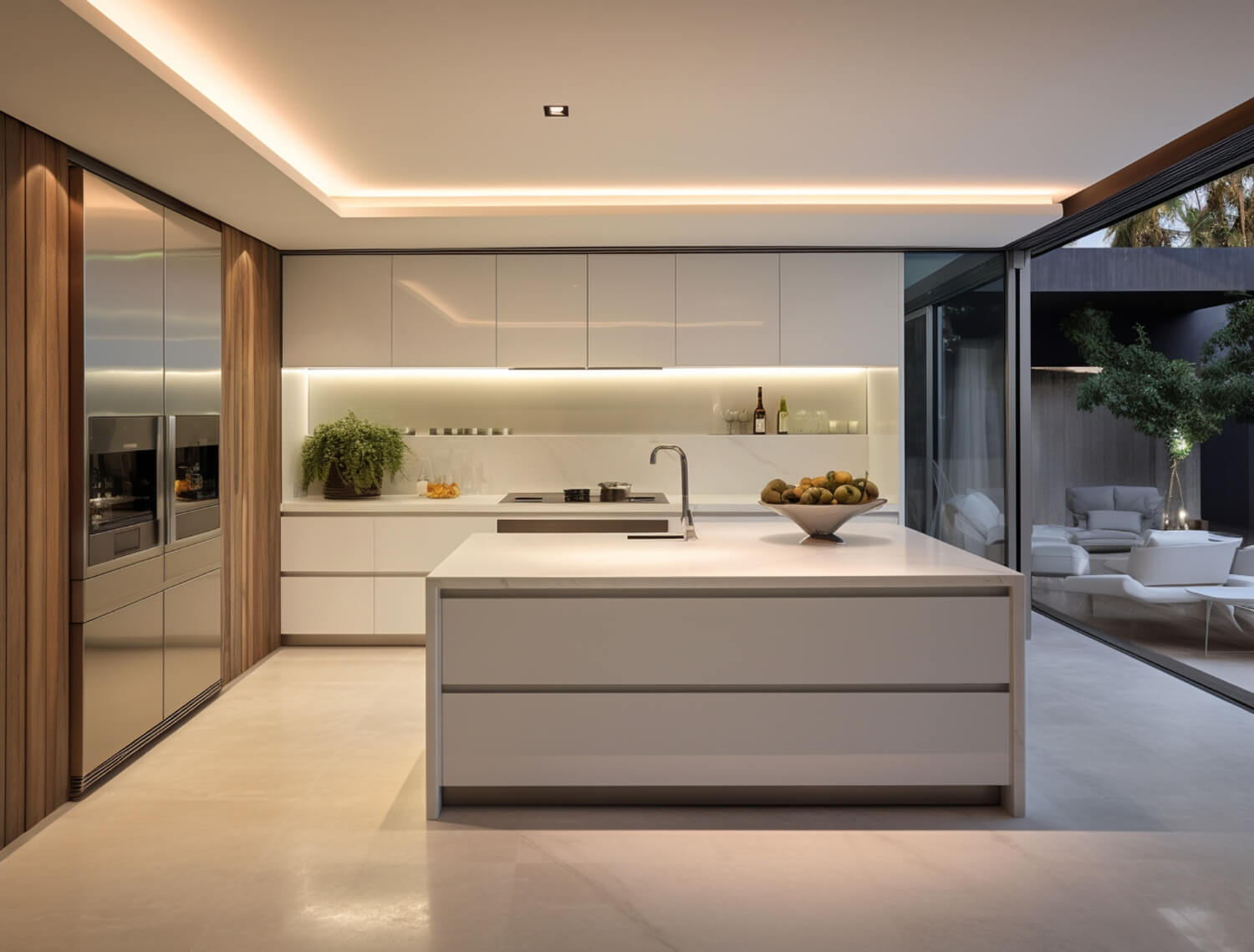 Finished remodeled kitchen with handleless white cabinetry, a large island, and sliding glass doors to a courtyard