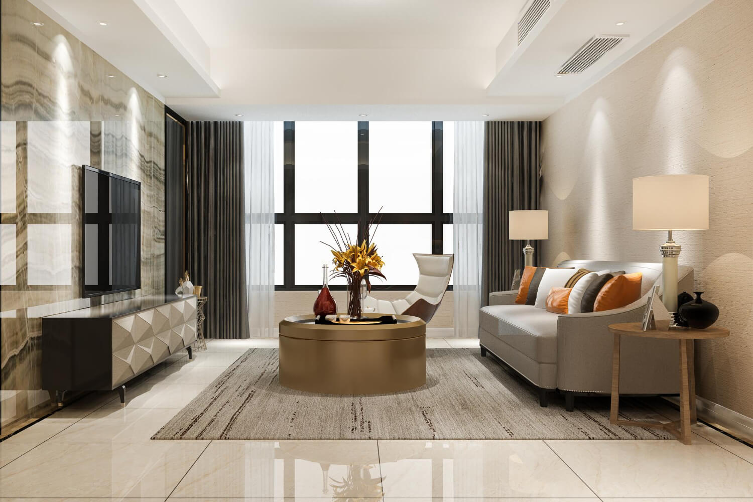 Remodeled Bellevue living room with a stone feature wall, floor-to-ceiling windows, and a neutral sectional