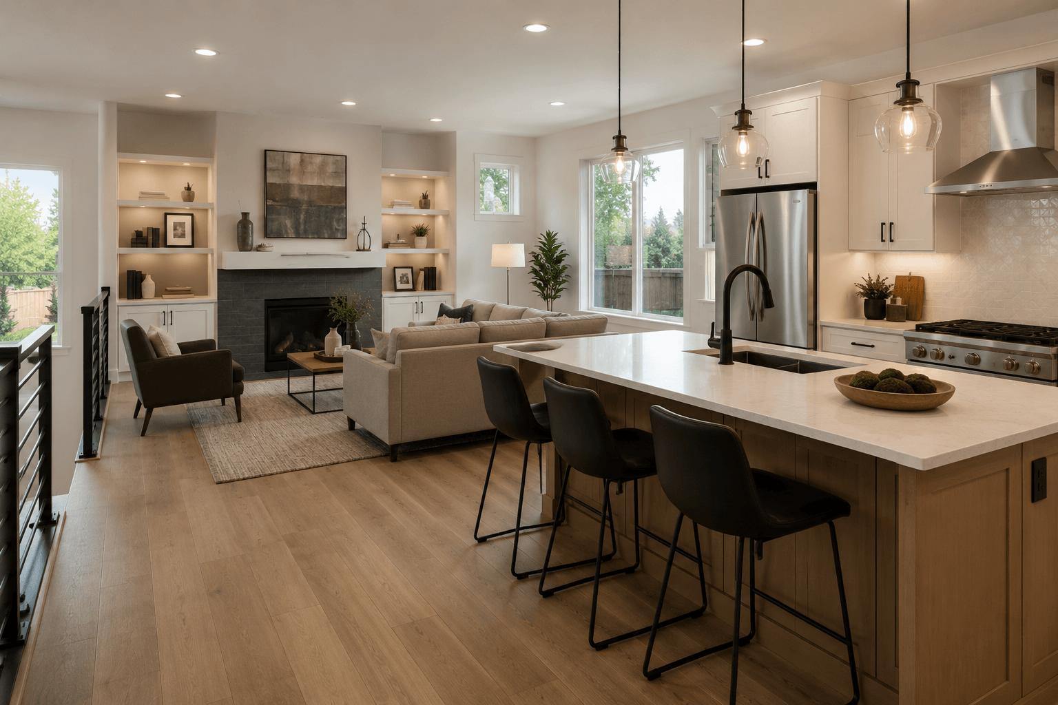 Open-plan Kent home with a wood island and bar stools, a living area with a tiled fireplace and built-in shelving