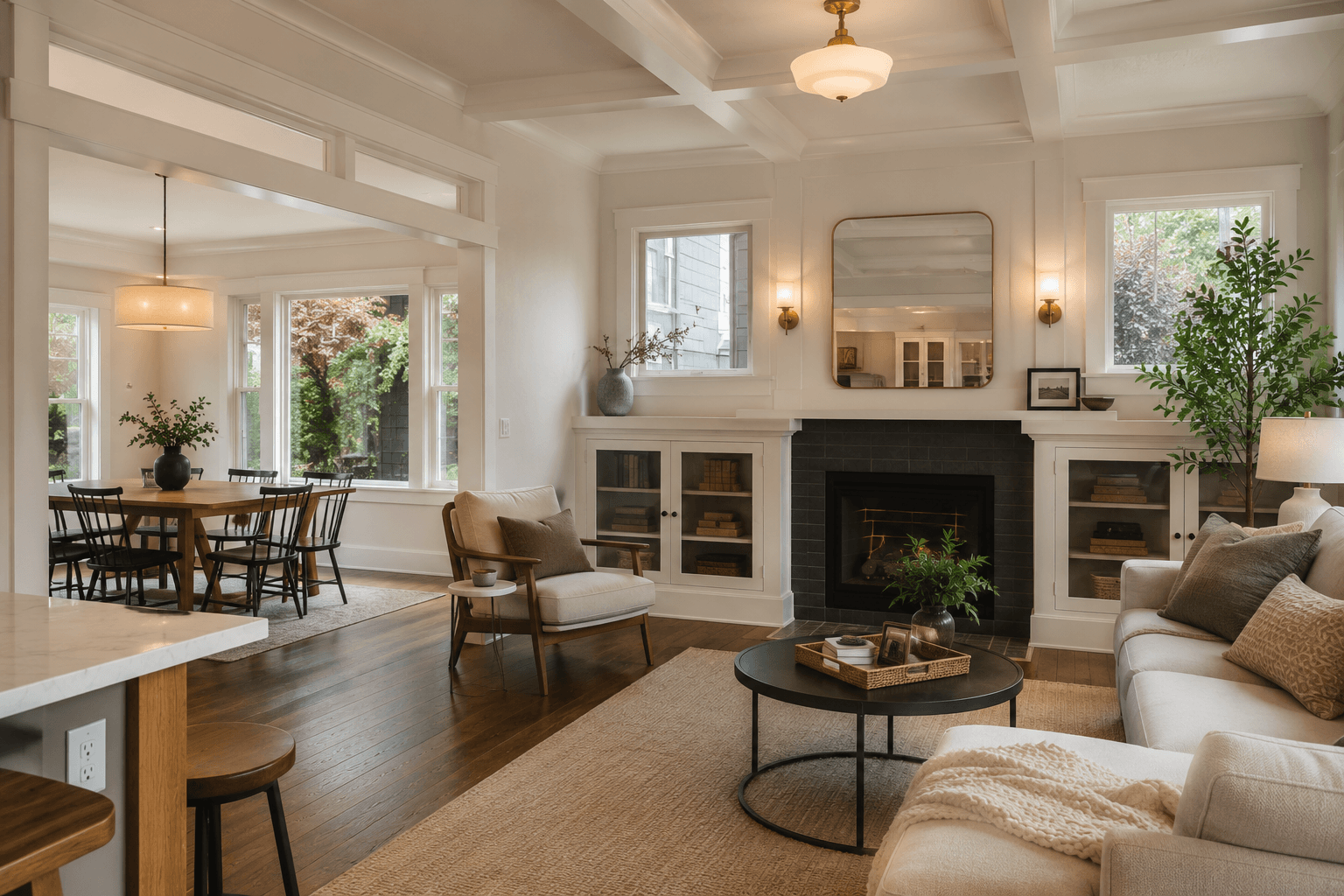 Remodeled Seattle craftsman living and dining room with a coffered ceiling, dark tile fireplace, and built-in bookcases