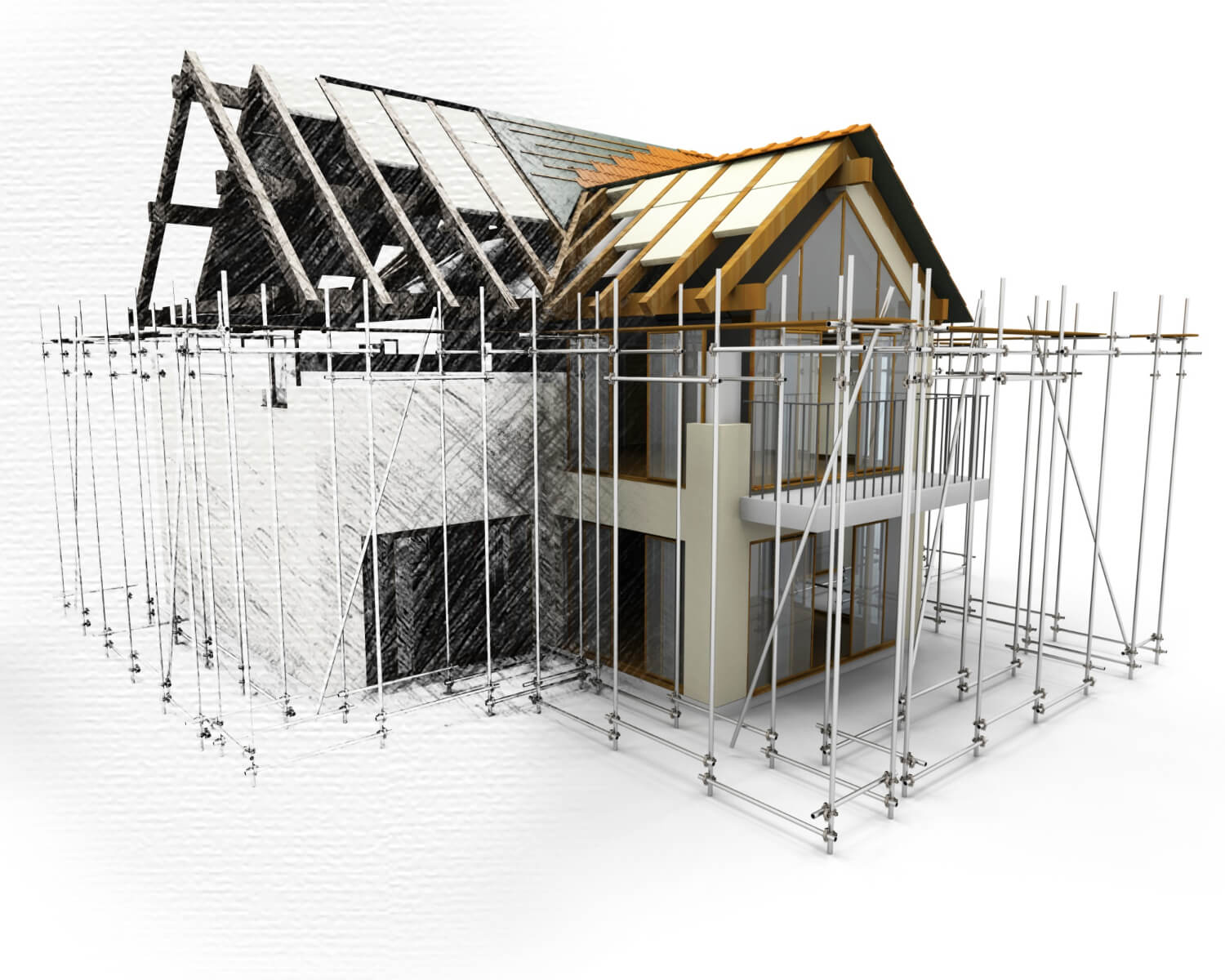 Custom home under construction, shown half as a line drawing and half as the finished build, with roof framing and scaffolding