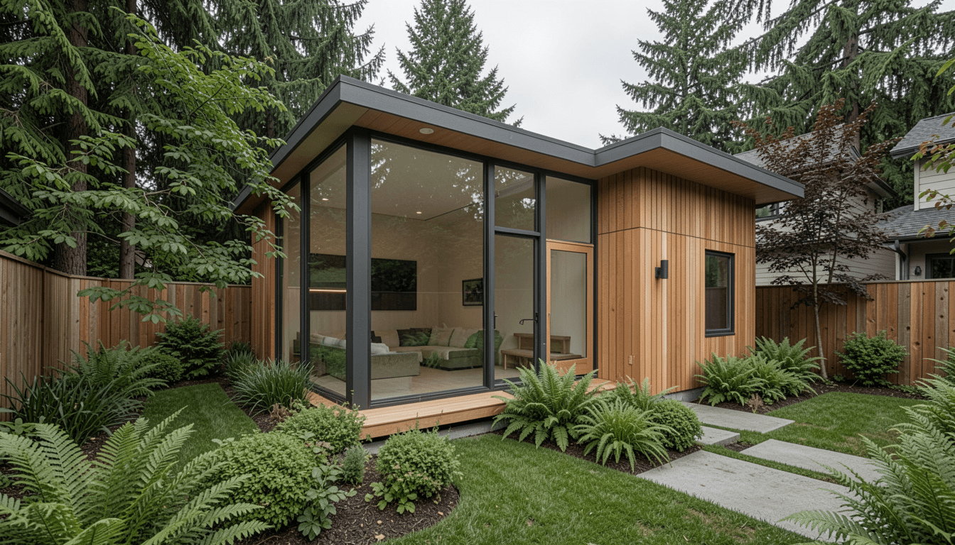 Backyard DADU in Bellevue with vertical cedar siding, dark-framed corner windows, and a flat roof, set in a landscaped garden