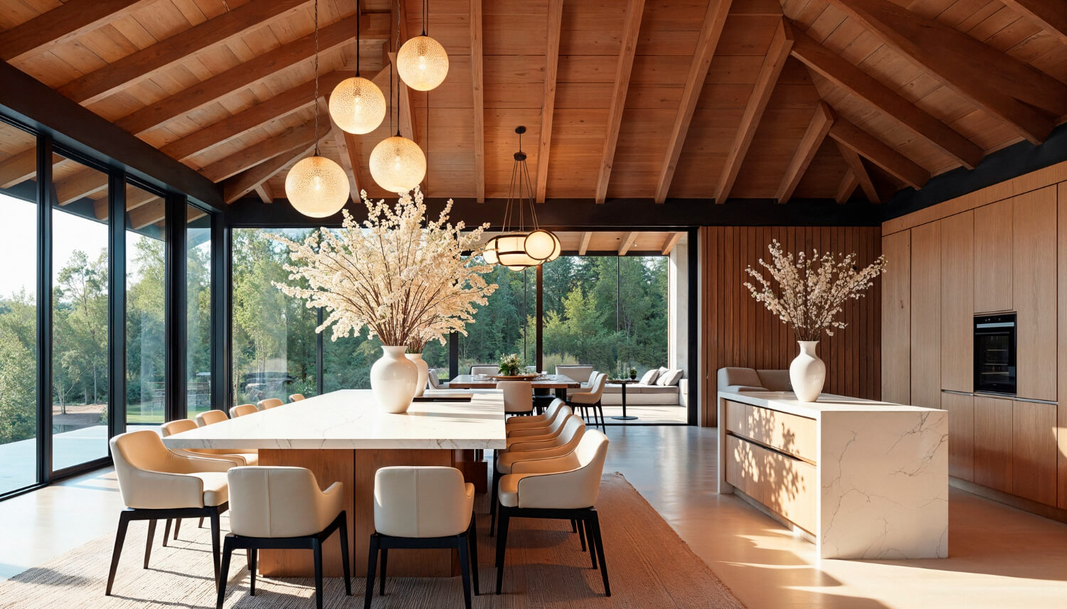 Great room addition with a vaulted exposed-beam ceiling, floor-to-ceiling black-framed glazing, and a marble dining table and island